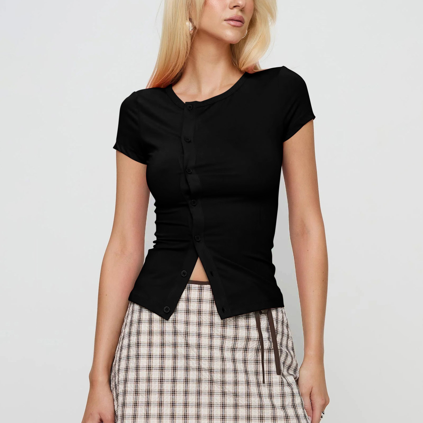 Hirigin kvinders ensfarvede t-shirt med rund hals, korte ærmer, knaplukning, slim fit, crop tops, sommertoppe til afslappet hverdag: L / Sort