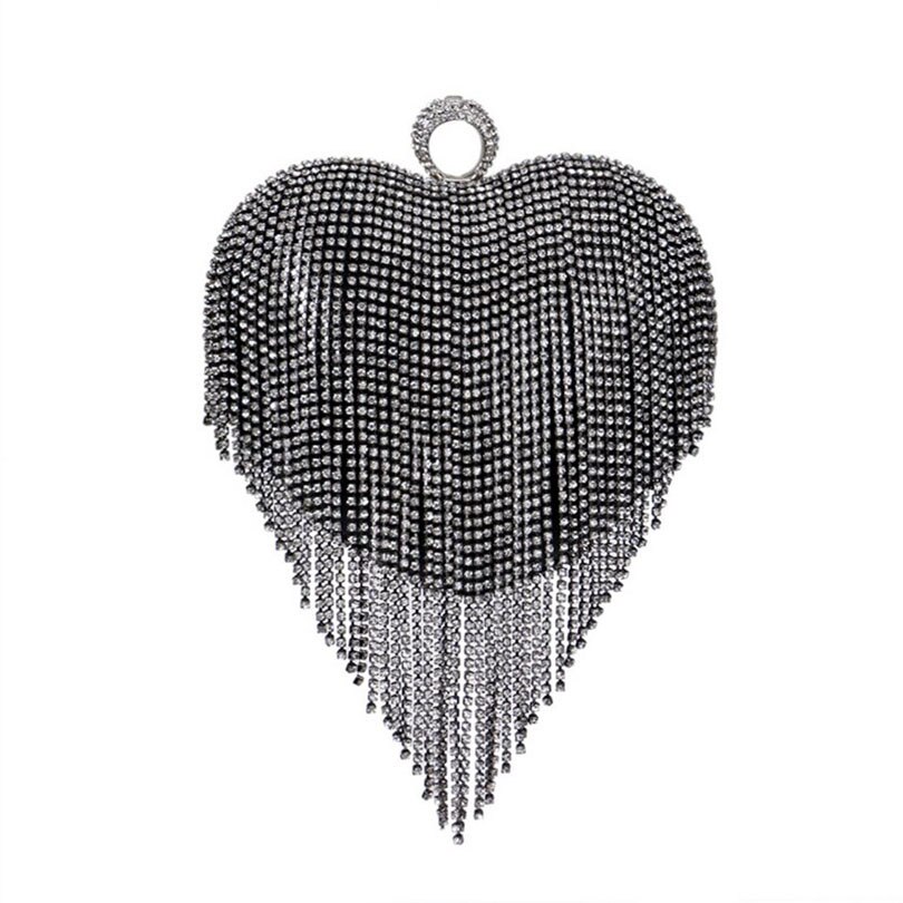 LIXUN Evening Bag - Minaudiere Shape - Diamond Tassel Ring Clutch - Chain Shoulder Party Handbag: Grey