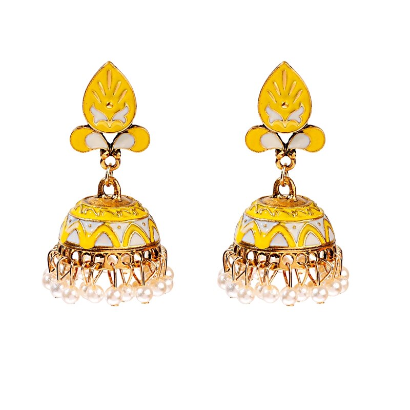 Tophanqi Bollywood Oxidized Big Bell Dangle Earrings For Women Green Leaf Carved White Beads Tassel Indian Jewelry Earring: Yellow