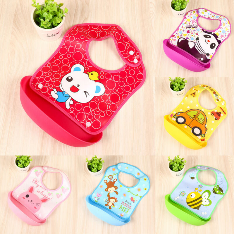 Cute Cartoon Waterproof Baby Soft Silicone Bibs Feeding bib Kids Roll up Food Catcher Pocket