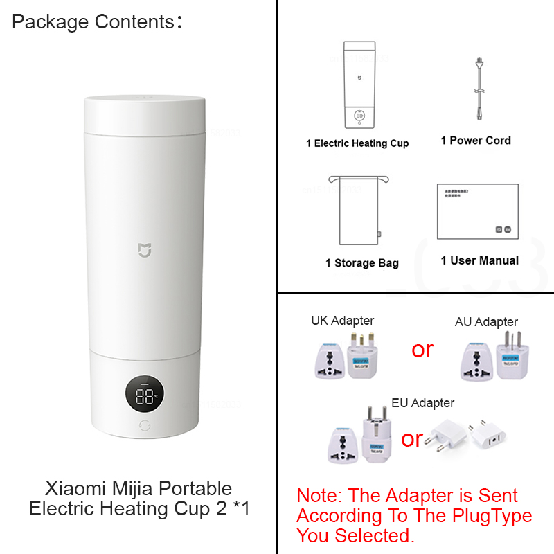 XIAOMI MIJIA Portable Electric Heating Cup 2 Upgraded Version,LED Screen，Electric Kettle,Chinese Version With Adapter: WHITE / EU