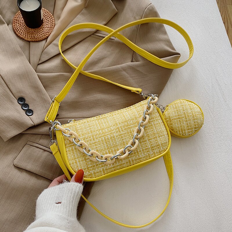 Mode Kleine Schoudertas Chain Handtassen Voor Vrouwen Zomer Baguette Tas Geweven Patroon Vrouwelijke Crossbody Handtassen: yellow