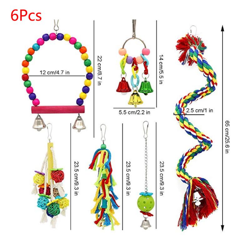6 unids/set juguetes de columpio para pájaros y mascotas, juguetes de loros para masticar, Perches colgantes, campanas, pequeños periquitos, jaula para loros, morder, cuerda de escalada, juguete N1HA: Default Title