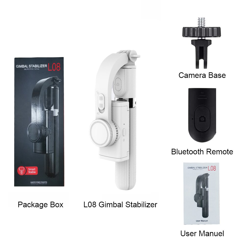 L08- fach tragbares selfie-stick-stativ mit gimbal-stabilisator und fernbedienung für smartphones, bluetooth-fähig: Weiß