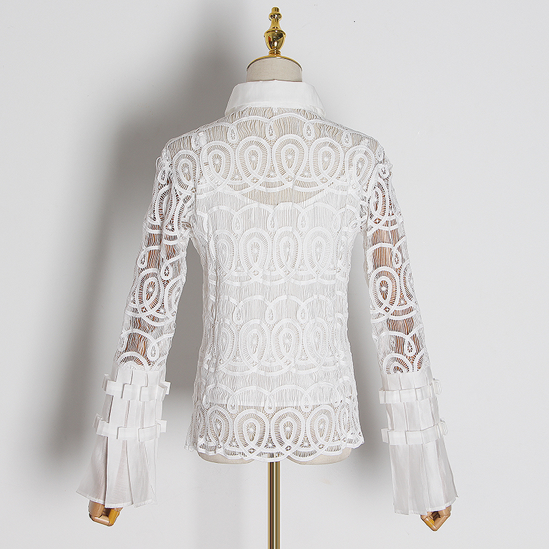 Twotwinstyle vintage patchwork kanten blouses voor vrouwen reverskraag flare lange mouwen uitgeholde shirts vrouwelijke vloed