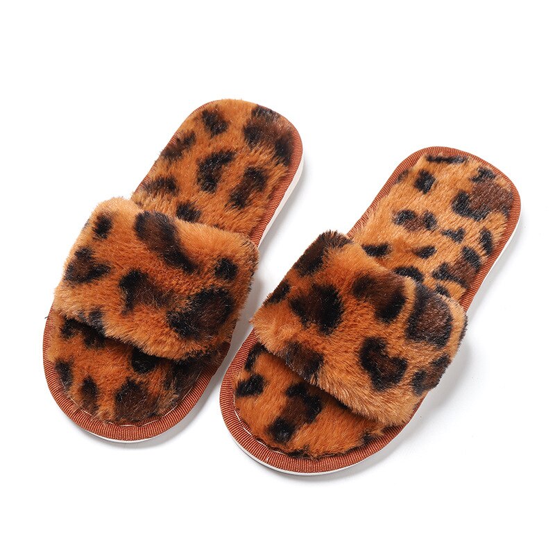 Barn leopard bomull tofflor hem halkfria stum skor barn vinter varma plysch tofflor coola pojkar tjejer tofflor med öppen tå: Kastanjebrunt / 27