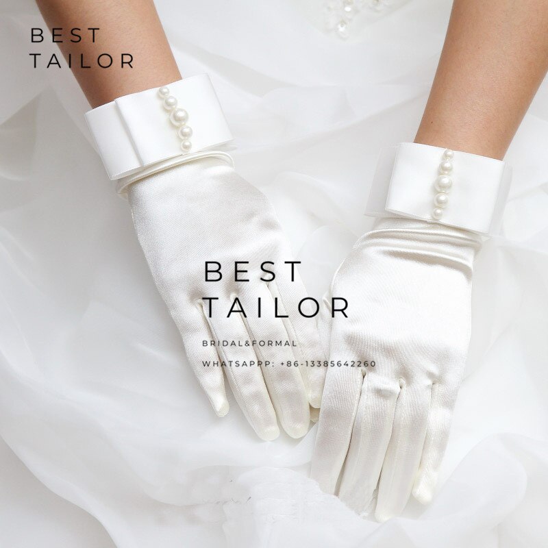 Bruids Satijn Hand Handschoenen Strik Parels Vinger Bruiloft Handschoenen Bruiloft Bruid Accessoire