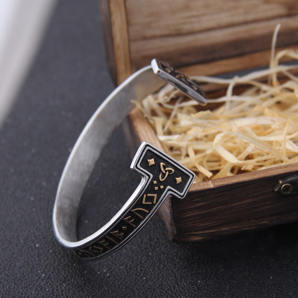 1pc Stainless Steel Men&#39;s Handmade Nordic Rune Bangle Viking Never Fade with wooden box as