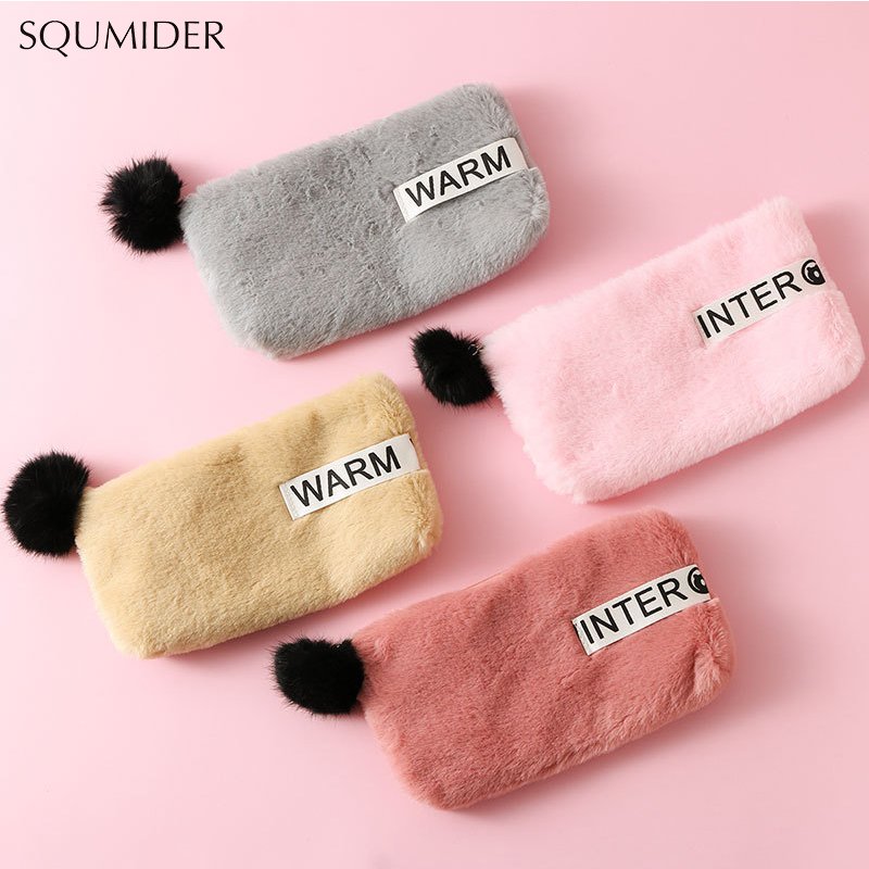 Trousse à crayons en peluche multicolore en option, jolie trousse à crayons en peluche douce pour fille, kawaii, boîte de bureau, sac de papeterie , fournitures scolaires