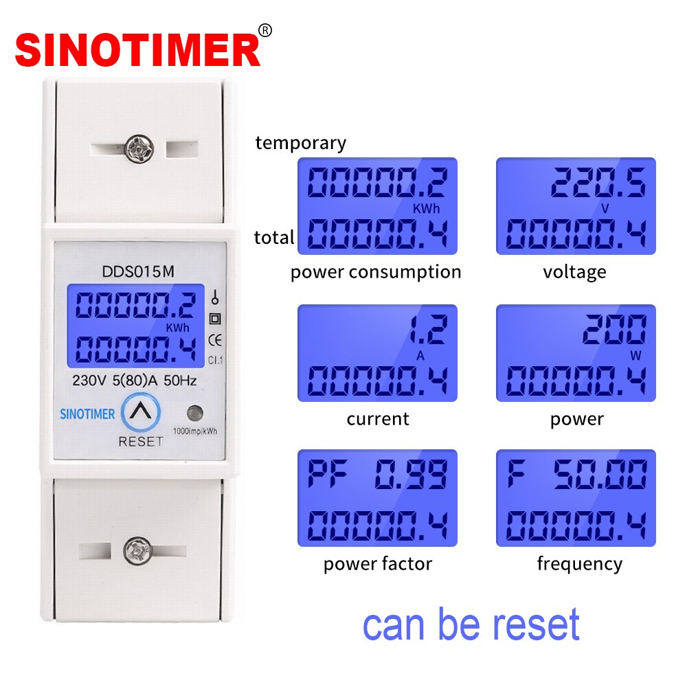 Multifunctional Digital Electric Watt Power Meter Voltmeter Ammeter 230V 80A Temporary KWH Can be Reset DIN Rail Mounted