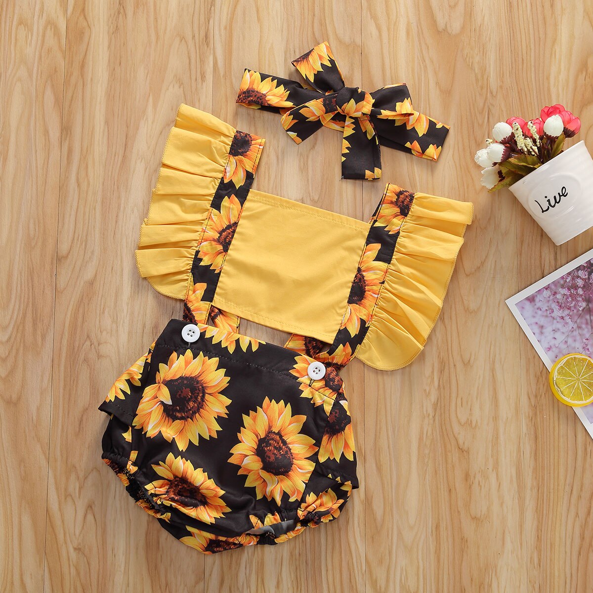 0-24M Baby Summer Clothes Infant Babies Girls Boys Sunflowers Bodysuits Ruffles Sleeve Print Summer Jumpsuits Headband