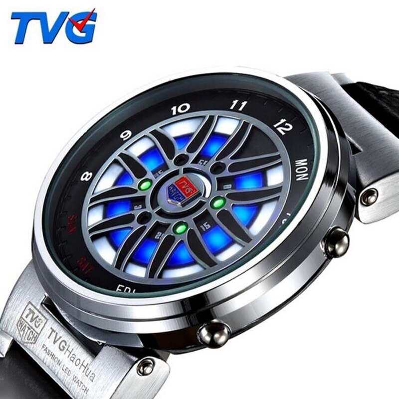 Tvg unieke auto roulette velg horloges heren blauwe led binaire horloges leren band elektronische polshorloges heren sporthorloges