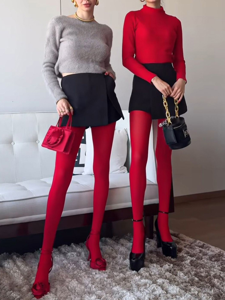 Trendix-medias rojas nuevas para mujer, pantimedias de encaje transparentes súper elásticas, medias sexis ajustadas y elegantes color Burdeos para invierno