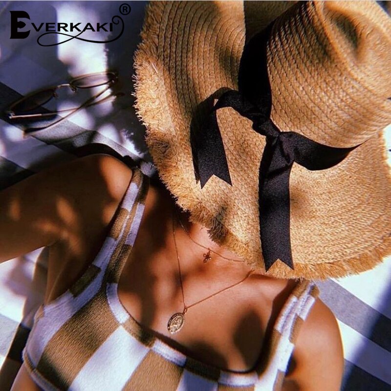 Everkaki Stro Strik Zon Hoeden Zomer Vrouwen Schipper Strand Hoed Brede Side Casual Dames Panama Platte Hoed Fedora Chic