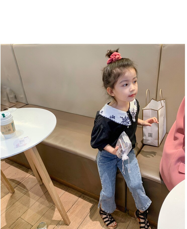 Camisa de algodón Floral para bebé, blusa con cuello vuelto con bordado de flores para niña pequeña, Tops de manga corta a cuadros de algodón para niño, ropa