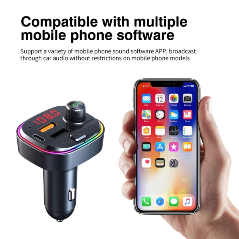 Bluetooth 5.0 fm sender  qc3.0 pd hurtig usb oplader adapter trådløs bil  mp3 spiller håndfri bilsæt med farverige lys