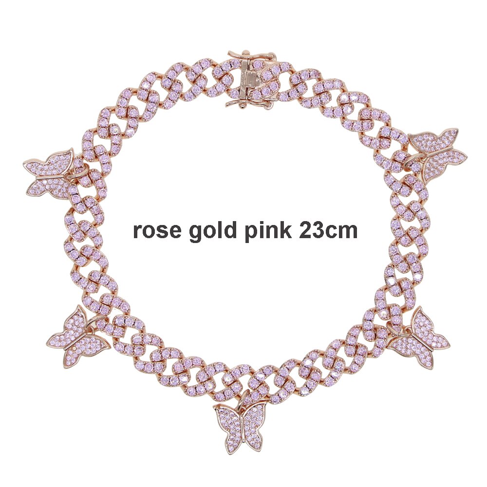 arrived Summer Beach Anklet Foot Leg Jewelry Iced out bling cz cuban chain drip cz butterfly charm anklet jewelry 9" 10": rose pink 23cm