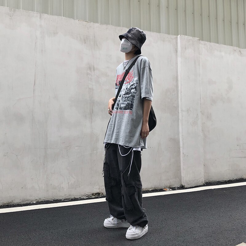 UNCLEDONJM Jeans Patch pocked cargo pants men jeans Hipster Casual Loose Punk Rock Trousers Pants ED937