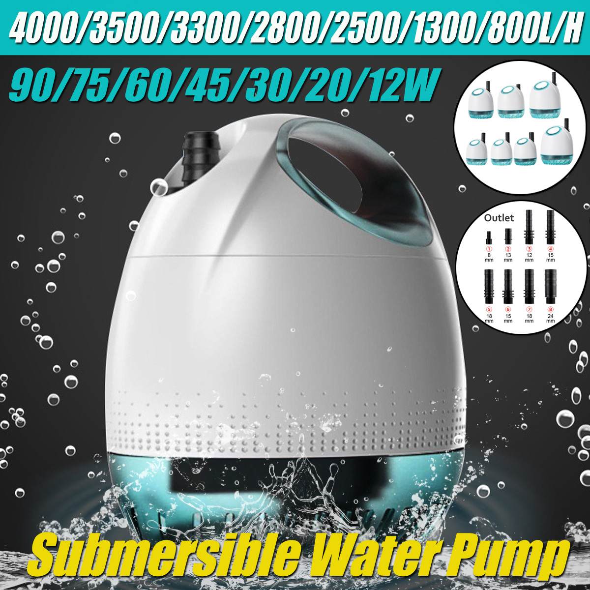 12-90W Ultra-Quiet Submersible Water Fountain Pump Filter Fish Pond Aquarium Water Pump Tank Fountain