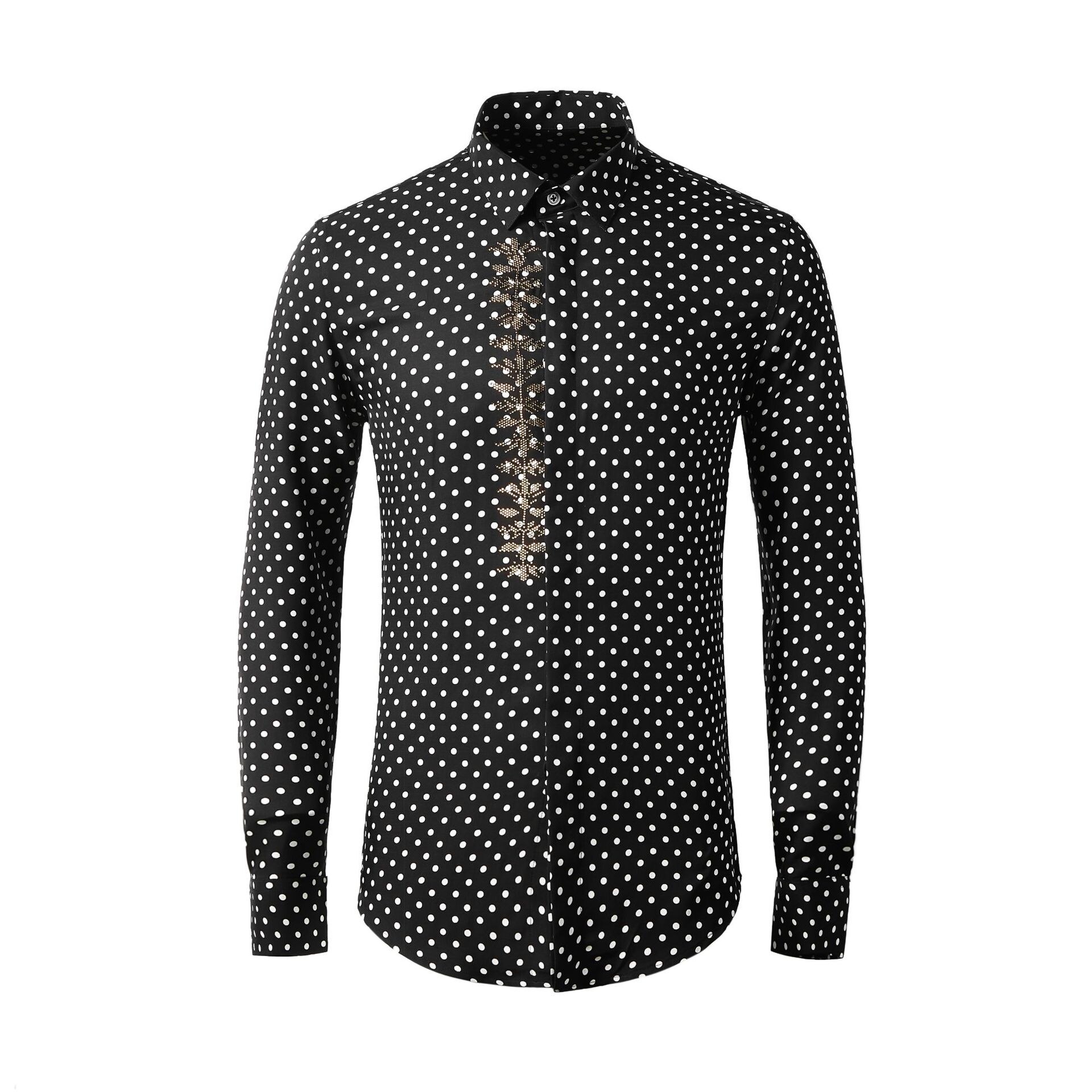 100% Cotton Men Shirts Luxury Diamond Long Sleeve Polka Dot Mens Dress Shirts Plus Size 4xl Slim Fit Party Male Shirts: XL