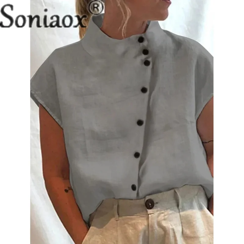 Camisa de lino y algodón con cuello levantado para mujer, cárdigan de estilo Simple con una botonadura, Tops, blusa holgada informal para mujer 2023