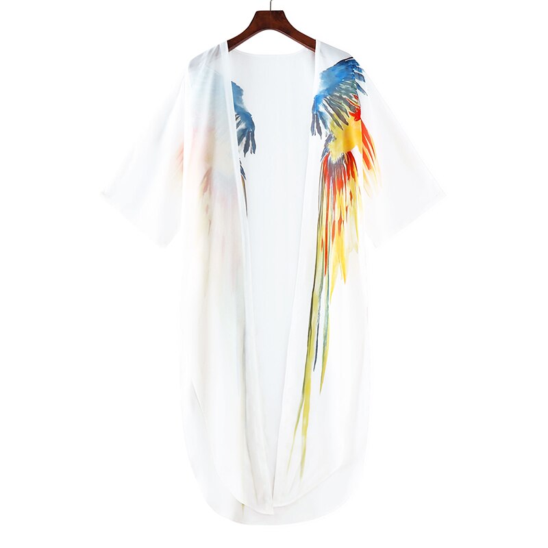 Bohemisk klänning chiffong bikini cover up kaftan vit klänning plus size kimono strandkläder tryck tunika för strand baddräkt cover up: Xl