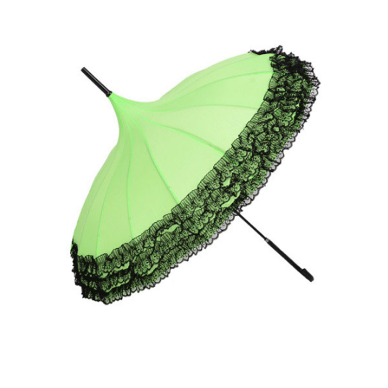 Princess Lace Pagoda Umbrellas For Straight Bar Semi Automatic Long Handle Hook Rain Gear Lady Sunshade Unbrellas Women Parasol: Green