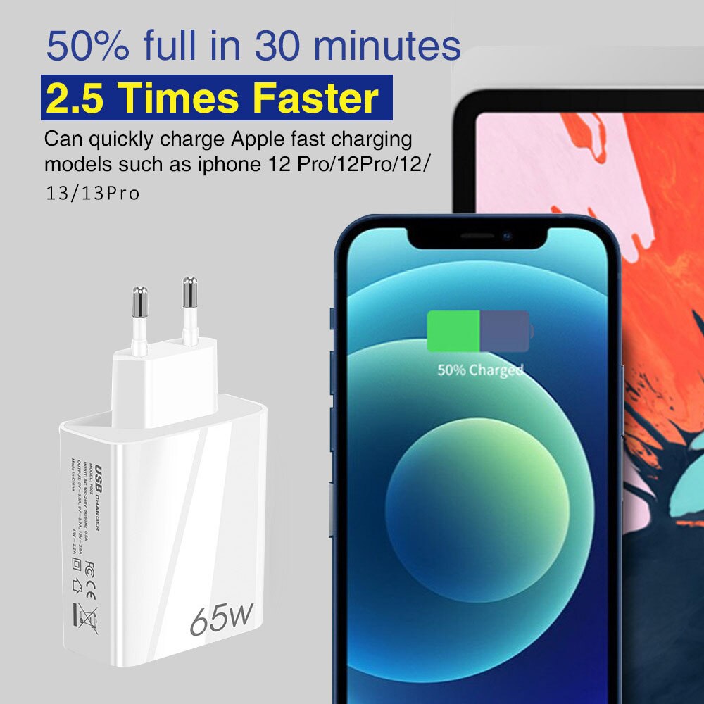 Chargeur GaN 65W PD 3.0 USB type-c, Charge rapide, Portable, pour MacBook, ordinateur Portable, iPad, iPhone 13/12 Pro Max, Xiaomi, Samsung
