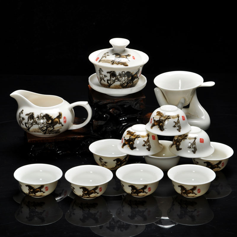 14 Pieces Kung Fu tea set,Chinese Pattern Include White Glazed Ceramic Porcelain Dragon 10pcs Tea Cups and Teapot
