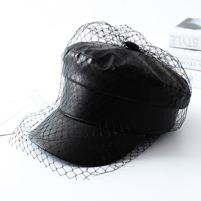 Gorros con velo de encaje de PU negro para primavera y verano, gorra plana con letras de malla negra, varios estilos,: E