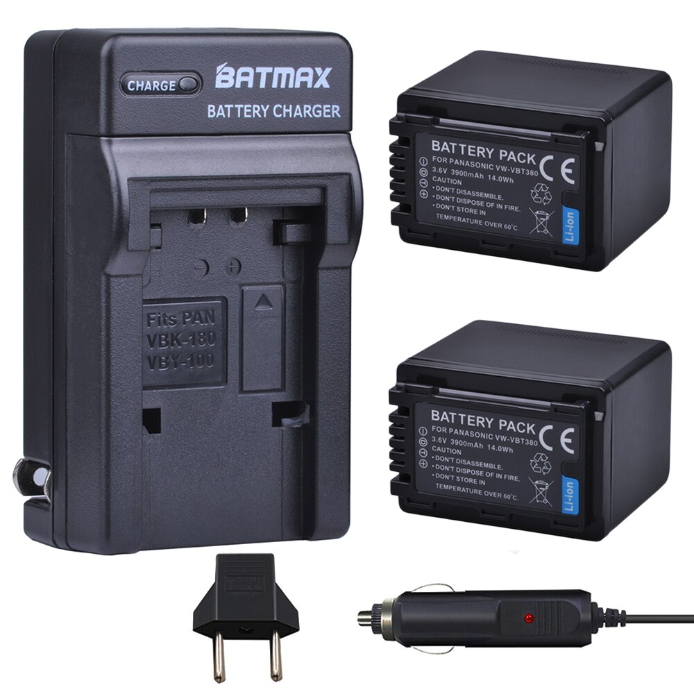 Batmax 3900mAh VW-VBT380 VBT380 Batterij + Wall Charger Voor Panasonic HC-V110, HC-V130, HC-V160, HC-V180, HC-V201, HC-V250, HC-V260