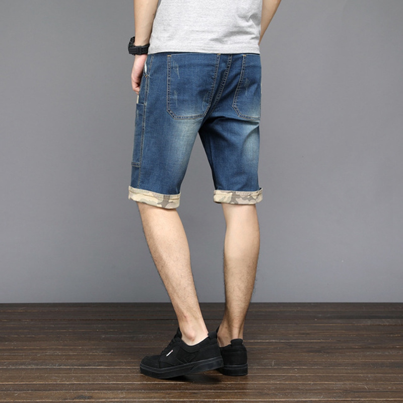 Summer men's large size denim shorts stitching male large size knee length straight denim shorts 130kg