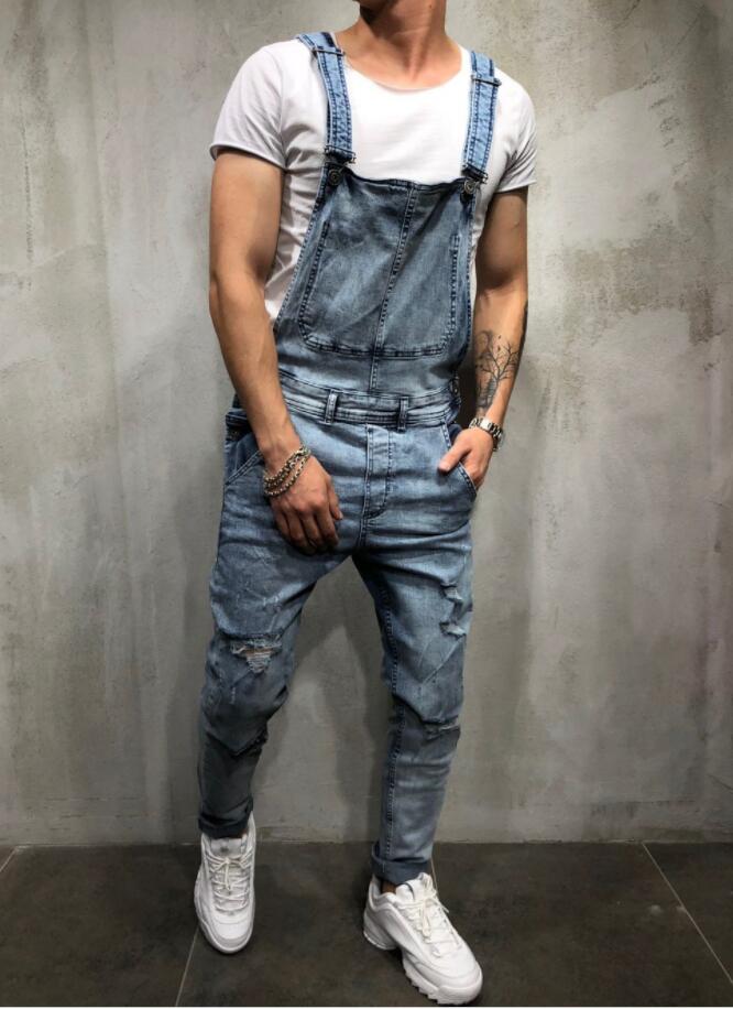 Män ripped cargo jeans jumpsuits distressed jeans haklappsbyxor overall man slim knä ripped hängselbyxor plus size s-xxxl: B731 ljusblå / Xl
