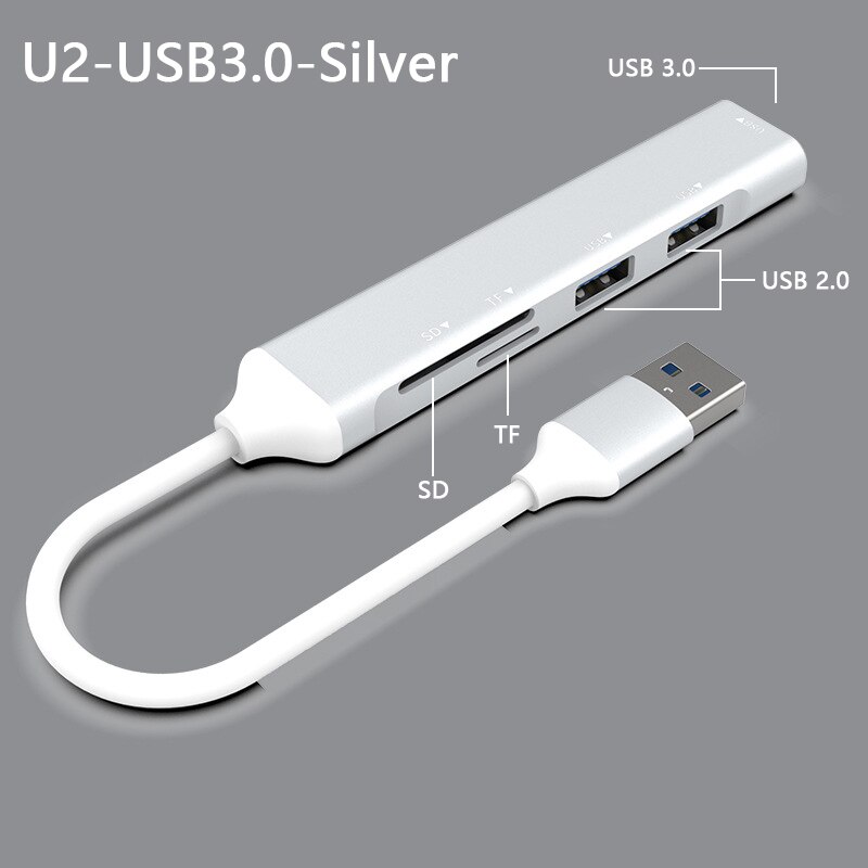 UTHAI SRJ Aluminum Alloy USB3.0/type-c Splitter 5 in 1/4 in 1 Docking Hub with Card Reader TF/SD USB3.0*1/2.0*3: U2-USB silver
