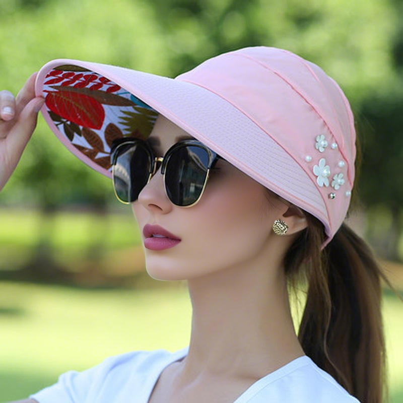 M-2Sun chapeau été ombre hHt pour femmes pliable Protection solaire plage grand chapeau à bords Protection UV cyclisme haut vide: Rose
