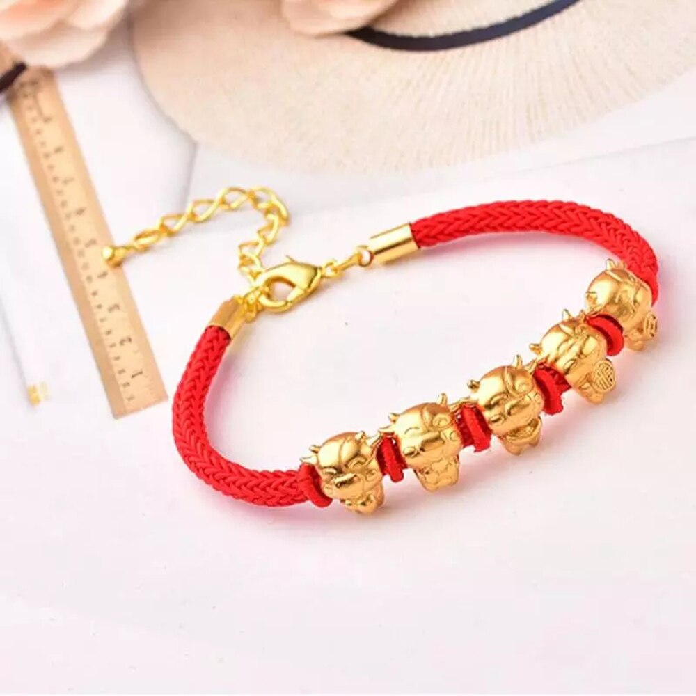 Wufu bull transferência grânulo corda vermelha mascote zodíaco cowe pulseira de ouro mulheres homens sorte animal bangle chinês ano novo presentes