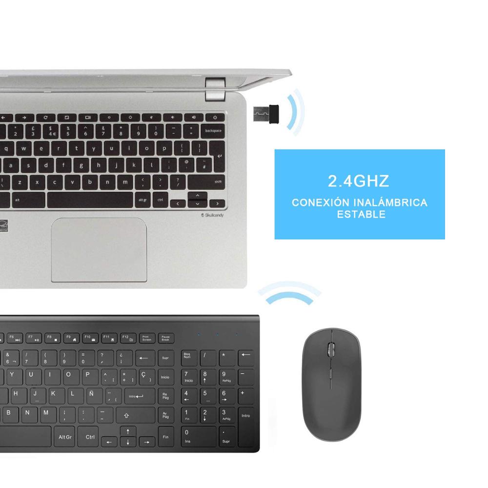 Spanish Wireless Keyboard and Mouse Combo, 2.4G Full Size Thin Rechargeable,Wireless Keyboard Mouse Ergonomic and Compact