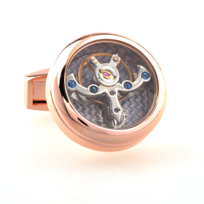 Lepton relógio mecânico funcional, turbilhão de abotoaduras masculino, botões de punho francês para homens, presente com frete grátis: Cor de rosa de Ouro