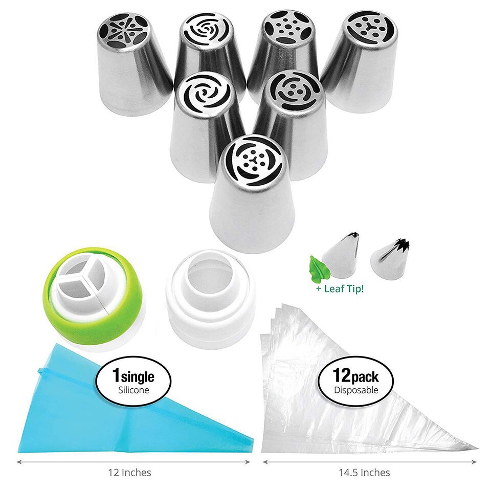 24Pcs Russian Piping Tips Set Cake Decorating Supplies Kit Icing Nozzles Reusable Silicone Piping Pastry Bags