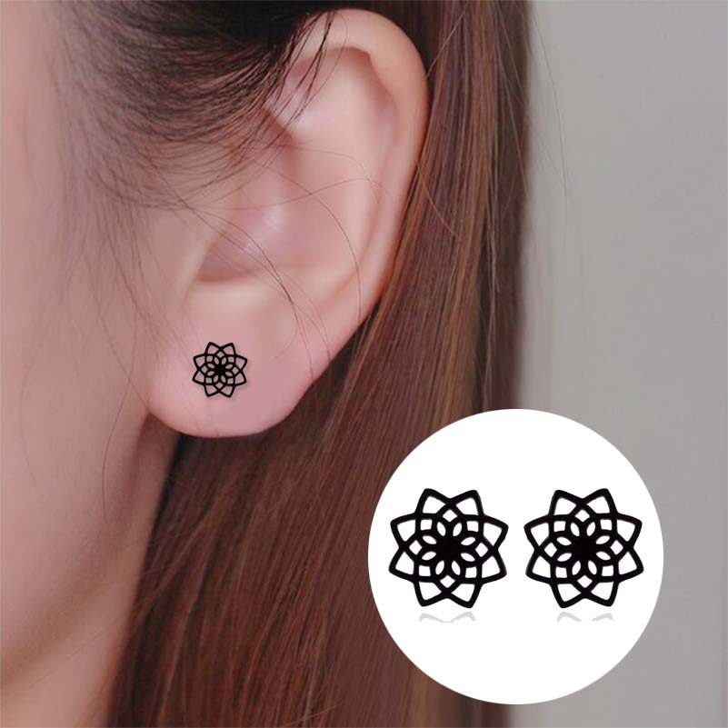 Rvs Leuke Zwarte Kleur Lotus Bloem Kleine Stud Oorbellen Charm Bloem Oorbellen voor Vrouwen Kids Jewelry