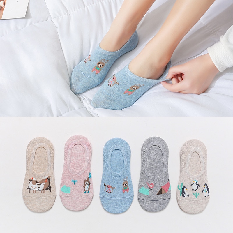 5 par/lot korea sommar tecknat djur kvinnor strumpor kanin katt räv båt strumpor bomull söt kawaii osynliga ankel strumpor