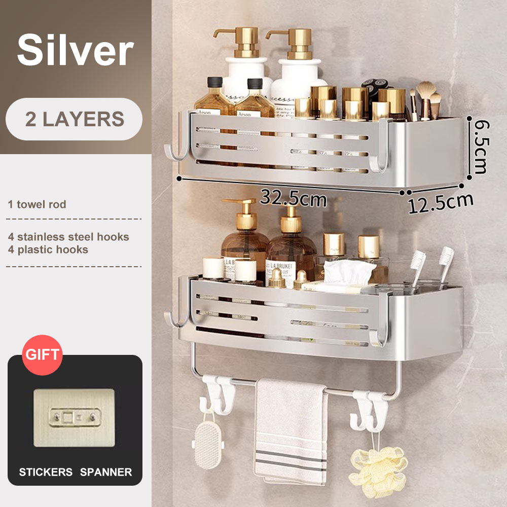 1-2PCS Badezimmer Eckregal mit Kunststoff Haken Handtuchhalter Kein Bohrenraum Aluminium Dusche Lagerregal Badezimmer Organizer: Grau