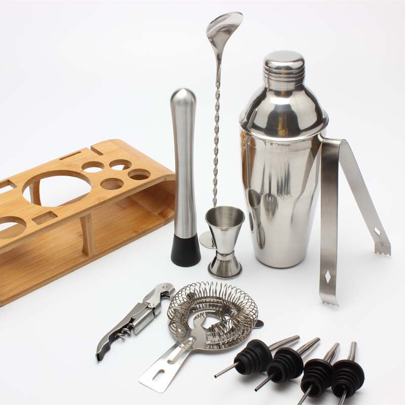 750ml/600ml rustfri bar cocktail shaker sæt barware sæt shaker sæt med træstativ