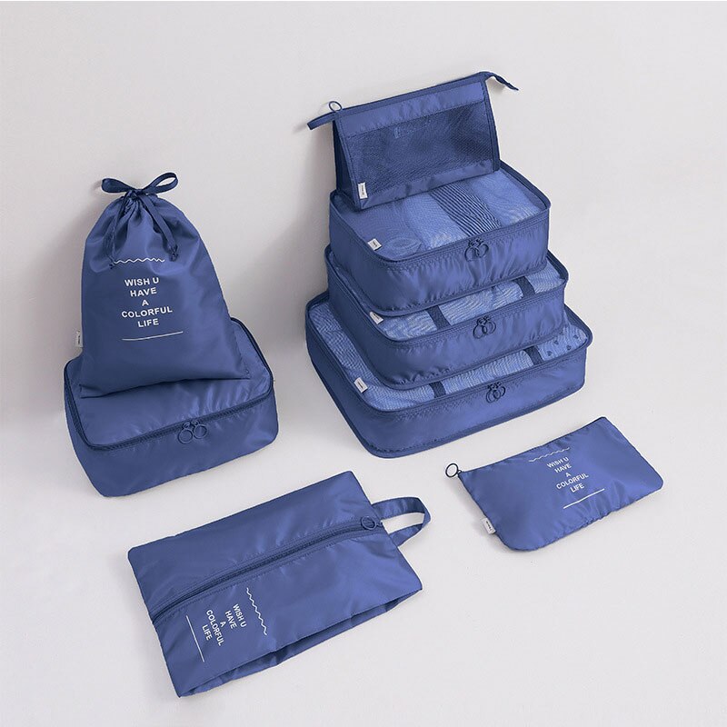 8Pcs/Set Waterproof Travel Bag Suitcase Packing Set Storage Organizer Portable Luggage Organizer Case Clothes Shoe Tidy Pouch: Blue