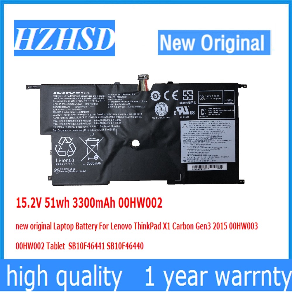 15.2V 51wh 3300mAh 00HW002 00HW003 original Laptop Battery For Lenovo ThinkPad X1 Carbon Gen3 00HW003 SB10F46441 SB10F46440