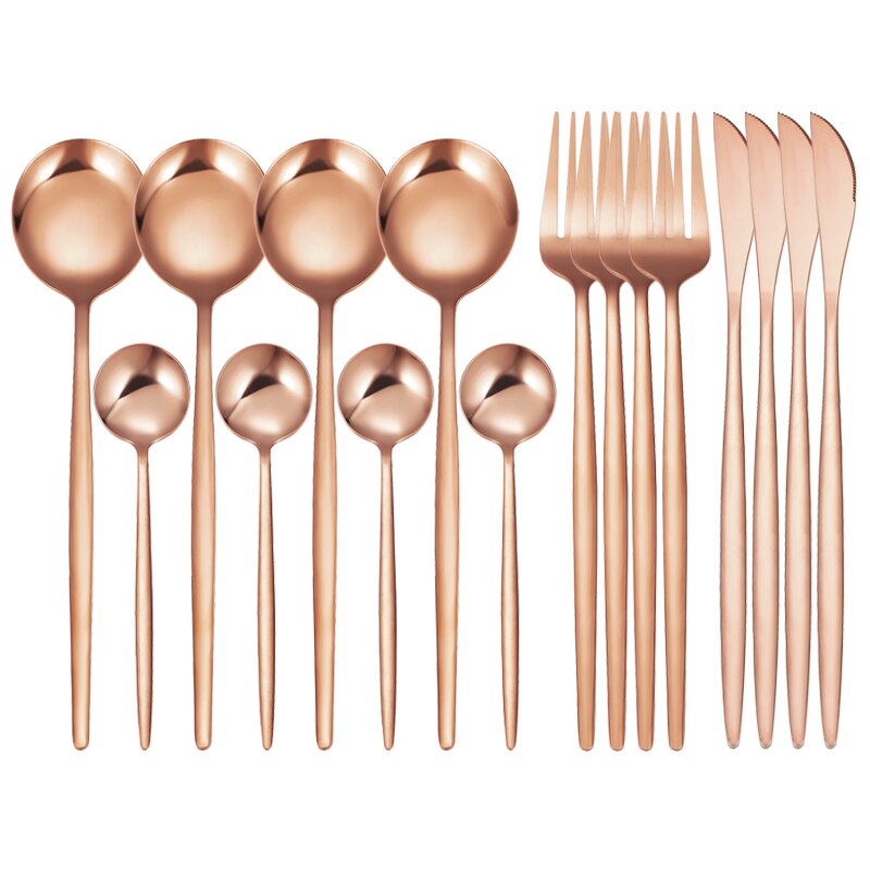 16Pcs/Set White Gold Cutlery Set Knives Forks Tea Spoon Dinnerware Flatware Stainless Steel Silverware Kitchen Tableware Set: 16 Pcs Rose