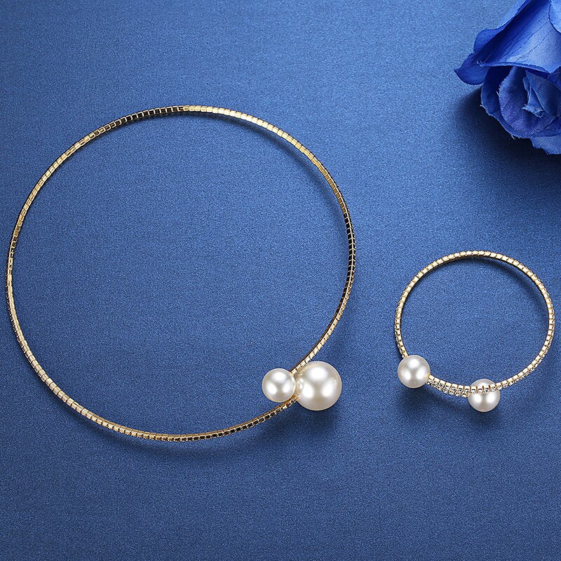 Mode Eenvoudige Gesimuleerde Parel Bruids Sets Kristal Bruiloft Sieraden Ketting Bangle Set Voor Vrouwen Bruiloft Sieraden