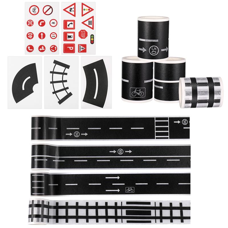 Stobok 9Pcs Railway Road Verkeer Tape Sticker Diy Road Verkeer Road Lijm Afplakband Auto Stickers Voor Kinderen Speelgoed auto Trein