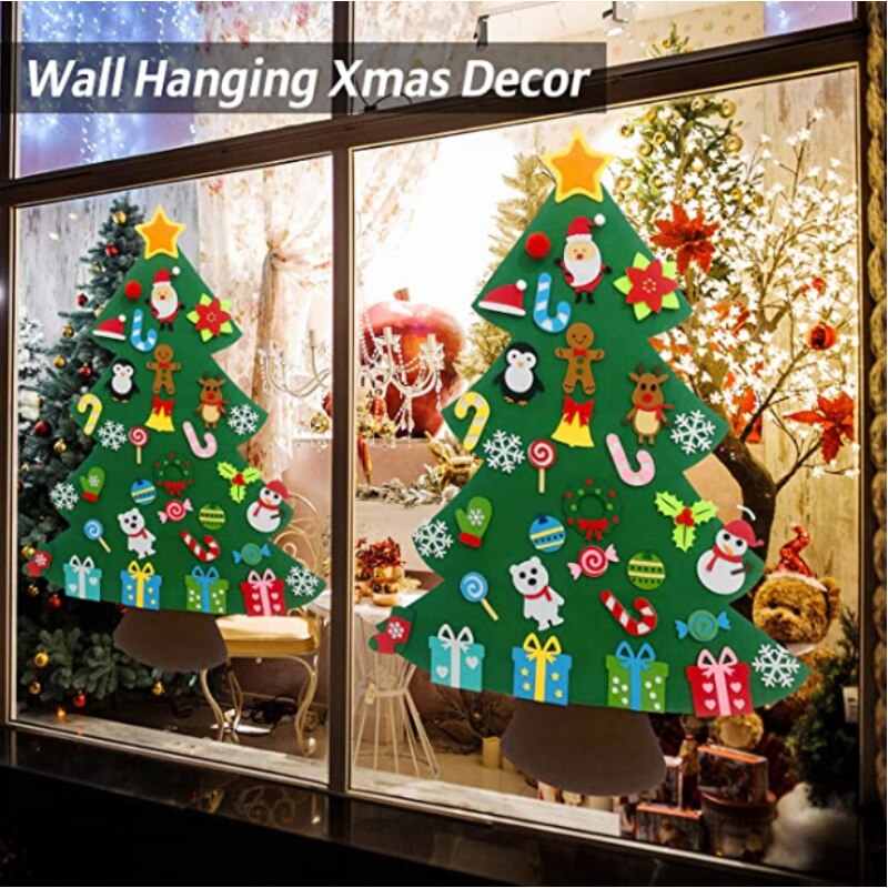 Filt juletræ til børn - diy juletræ med 26 stk ornamenter - væghængende juledekorationer