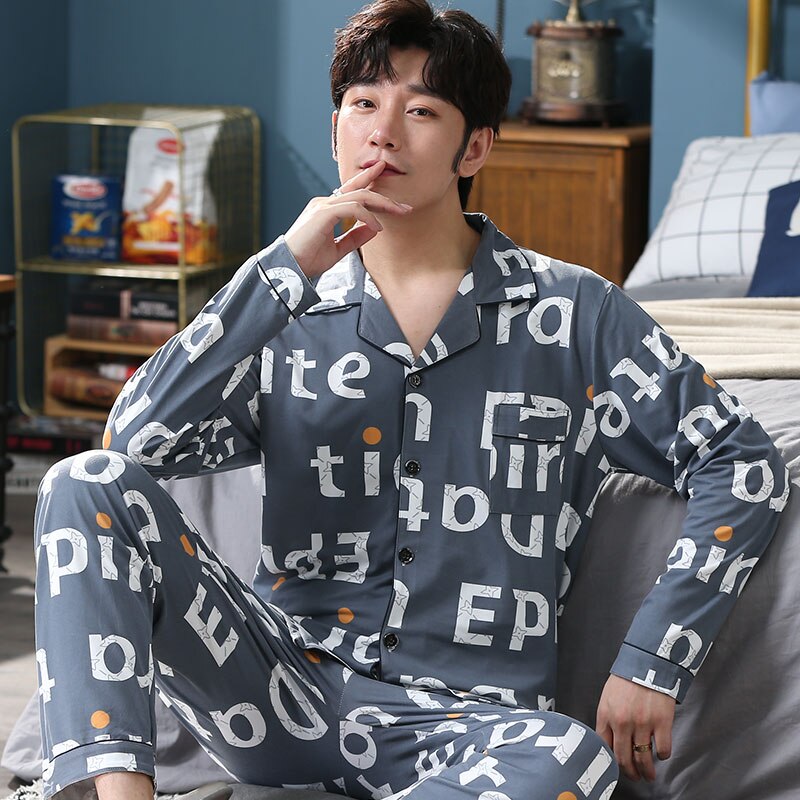 primavera y otoño 100% pijamas de algodón impreso traje de 2 piezas pijamas simples para hombres solapa casual suave pijamas servicio de hogar
